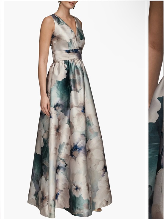 Donna Karan Dresses & Skirts - Donna Karan Floral Plunge Neck Ball Gown Dress - Cream & Teal